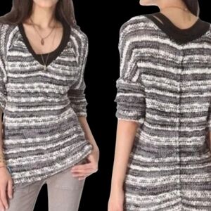 Free People Striped Songbird Boucle V-neck crochet knit sweater black/ gray XS